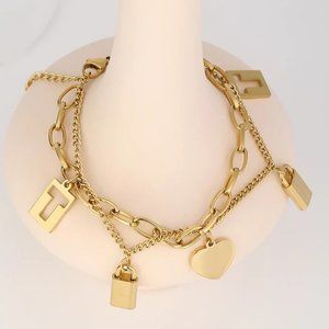 New 18K Gold Plated Lock Heart Charm Link Chain Double Layer Bracelet